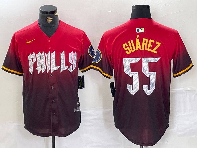 Men Philadelphia Phillies #55 Suarez Red City Edition Nike 2024 MLB Jersey style 1